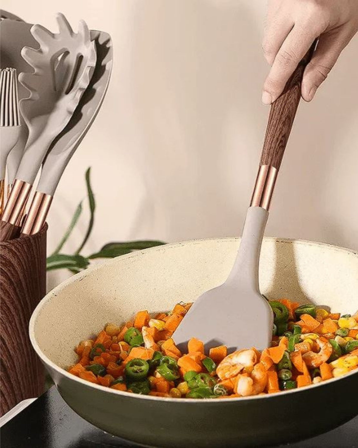 Kitchen Utensil Set - Cuivra - Non-Stick Cooking Tools - Wooden Handle Design