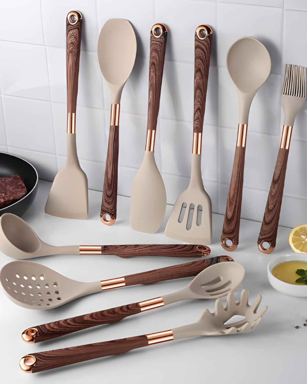Kitchen Utensil Set - Cuivra - Non-Stick Cooking Tools - Wooden Handle Design